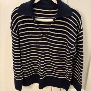 J Crew Navy and White Striped V Neck Pullover Sweater